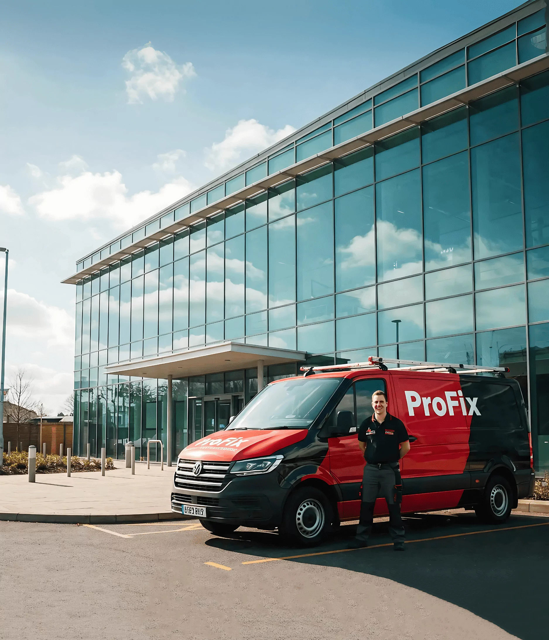 ProFix maintenance engineer beside branded van outside a modern office building